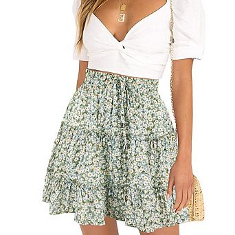 Women High-Waisted Ruffle Mini Skirt Floral Print Elastic Waist Drawstring Casual A-Line Short Skirt