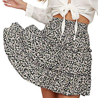Women High-Waisted Ruffle Mini Skirt Floral Print Elastic Waist Drawstring Casual A-Line Short Skirt