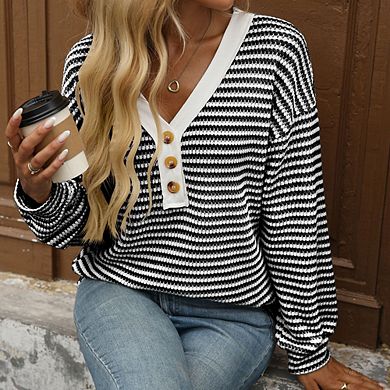 Women Color Block Stripe Waffle Pullover V-Neck Button Loose Long Sleeve Hollow Out Casual Top