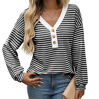Women Color Block Stripe Waffle Pullover V-Neck Button Loose Long Sleeve Hollow Out Casual Top