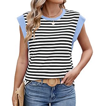 Women's Casual Striped Color Block Short Sleeve T-Shirt Classic Crew Neck Loose Versatile Daily Top