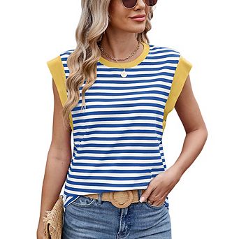 Women's Casual Striped Color Block Short Sleeve T-Shirt Classic Crew Neck Loose Versatile Daily Top