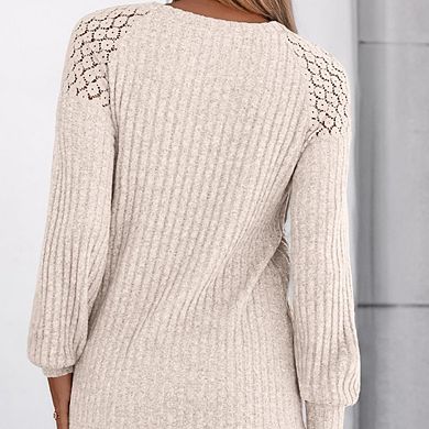 Women's Casual Crew Neck Block Top Shoulder Cutout Button Long Sleeve Stylish Versatile Pullover Top