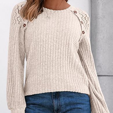 Women's Casual Crew Neck Block Top Shoulder Cutout Button Long Sleeve Stylish Versatile Pullover Top