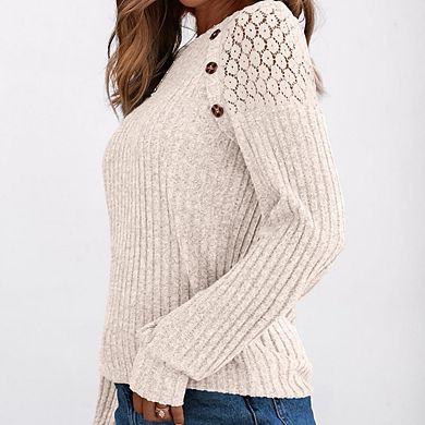 Women's Casual Crew Neck Block Top Shoulder Cutout Button Long Sleeve Stylish Versatile Pullover Top