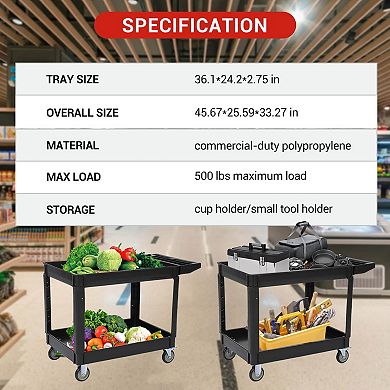 500LB Capacity Utility Carts,2-Tier Utility Service Cart,Rolling Cart w/Brake Wheels,Rolling Caster