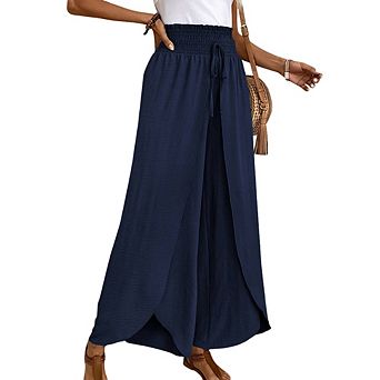 Women High-Waisted Wide-Leg Pant Drawstring Waist Asymmetrical Hem Casual Trouser Slim-Fit Work Pant