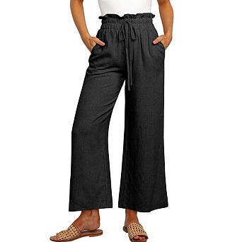 Women Elastic Waist Straight Leg Pants Casual Drawstring Wide-Leg Crop Trousers Versatile Daily Pant