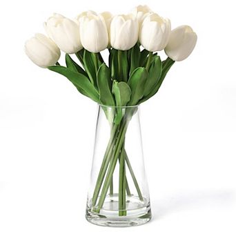 Artificial Tulips w/Vase, Real Touch Silk Faux Tulips Bouquet, Lifelike Tulips Artificial Flowers