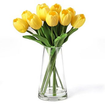 Artificial Tulips w/Vase, Real Touch Silk Faux Tulips Bouquet, Lifelike Tulips Artificial Flowers