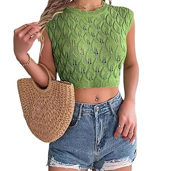 Women's Summer Trendy Hollow-Out Leaf Short Sleeve Breathable Slim Fit Crop Knit Top Vacation Wear
