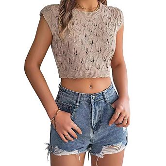 Women's Summer Trendy Hollow-Out Leaf Short Sleeve Breathable Slim Fit Crop Knit Top Vacation Wear