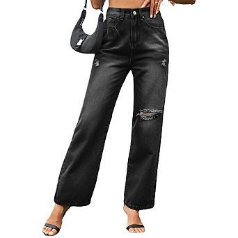 Women Casual Distressed Wide-Leg Jeans High-Waisted Slim-Fit Versatile Pants Fashion Daily Trousers