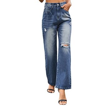 Women Casual Distressed Wide-Leg Jeans High-Waisted Slim-Fit Versatile Pants Fashion Daily Trousers