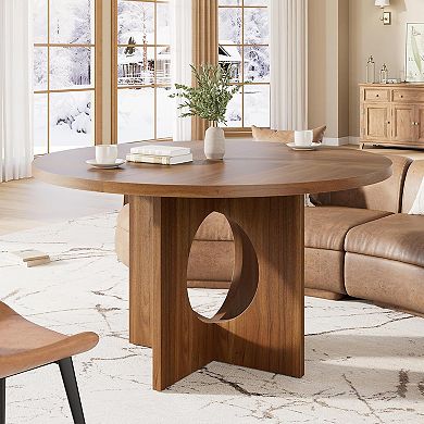 47" Round Dining Table for 4-6 People, Circle Kitchen Dinner Table with Sturdy Pedestal Base