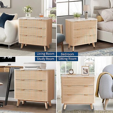 32" Wide Modern Nightstand - Fluted 3-Drawer Bedside Table