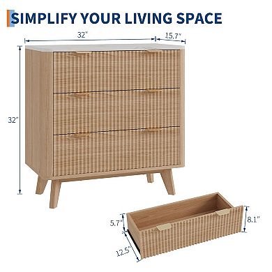 32" Wide Modern Nightstand - Fluted 3-Drawer Bedside Table