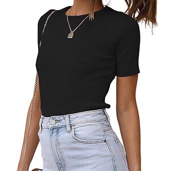 Women Summer Slim-Fit Textured Knit Short Sleeve Crew Neck Tight-Fitting Layering Top Daily Sweater