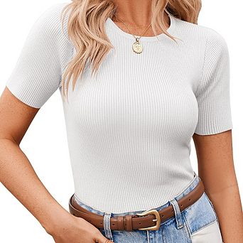 Women Summer Slim-Fit Textured Knit Short Sleeve Crew Neck Tight-Fitting Layering Top Daily Sweater