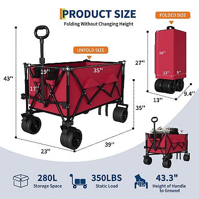 35" Foldable Wagon for Beach w/350lbs Weight Capacity, Heavy Duty Large Collapsible Foldable Wagon
