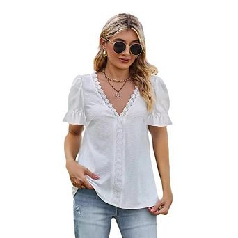 Women Loose Casual Jacquard V-Neck Short Sleeve Fashion Lace Patchwork Textured Puff Sleeve Top