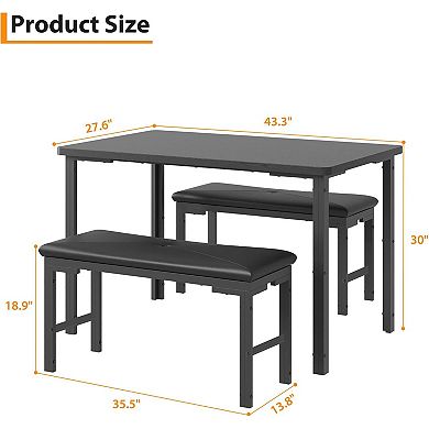 4-Piece Set: Space-Saving Table & 2 Benches with Metal Frame