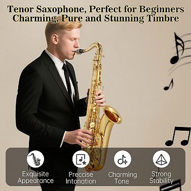Bb Tenor Saxophone Beginner Kit - Brass Sax w/Hard Case, Mouthpiece, Reeds & Full Cleaning Kit