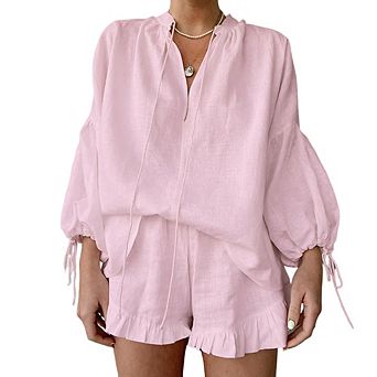 Women V-Neck Lantern Long Sleeve Shorts Set Tie Front Top Elastic High-Waist Shorts Casual Two-Piece