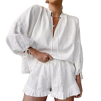 Women V-Neck Lantern Long Sleeve Shorts Set Tie Front Top Elastic High-Waist Shorts Casual Two-Piece