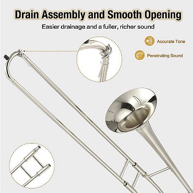B Flat Brass Trombone Instrument w/Tuner, Music Book, Hard Case, Mouthpiece, Cleaning Kit & Gloves