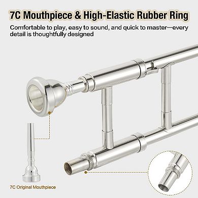 B Flat Brass Trombone Instrument w/Tuner, Music Book, Hard Case, Mouthpiece, Cleaning Kit & Gloves
