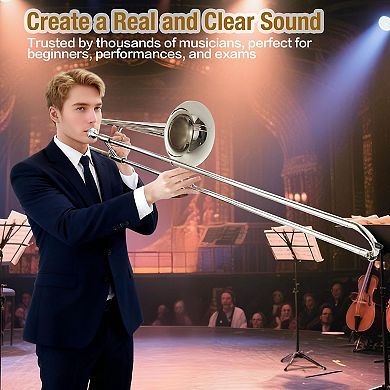 B Flat Brass Trombone Instrument w/Tuner, Music Book, Hard Case, Mouthpiece, Cleaning Kit & Gloves
