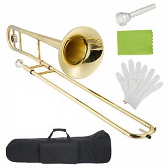 B Flat Brass Trombone Instrument w/Tuner, Music Book, Hard Case, Mouthpiece, Cleaning Kit & Gloves