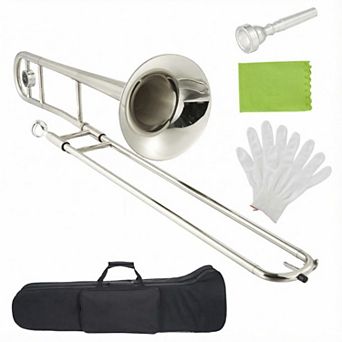 B Flat Brass Trombone Instrument w/Tuner, Music Book, Hard Case, Mouthpiece, Cleaning Kit & Gloves