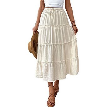 Women Casual High-Waist Drawstring A-Line Midi Skirt Versatile Minimalist Flattering Umbrella Skirt