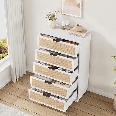 Vertical Narrow Edge Woven 5-Drawer Chest w/Durable Construction, Space-Saving design, Rattan Weave