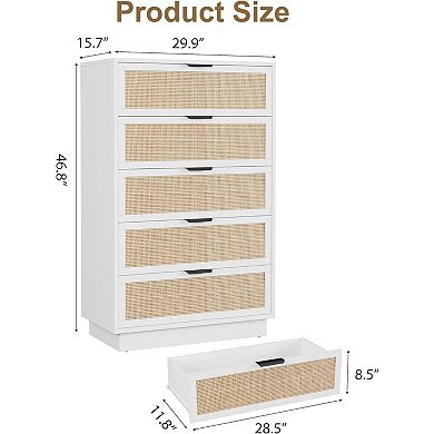 Vertical Narrow Edge Woven 5-Drawer Chest w/Durable Construction, Space-Saving design, Rattan Weave