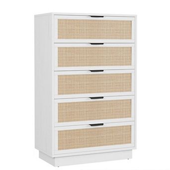 Vertical Narrow Edge Woven 5-Drawer Chest w/Durable Construction, Space-Saving design, Rattan Weave