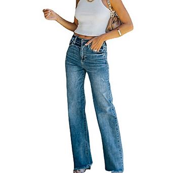 Women Mid-Rise Frayed Hem Denim Pants Washed Distressed Straight Leg Jeans Casual Versatile Trousers