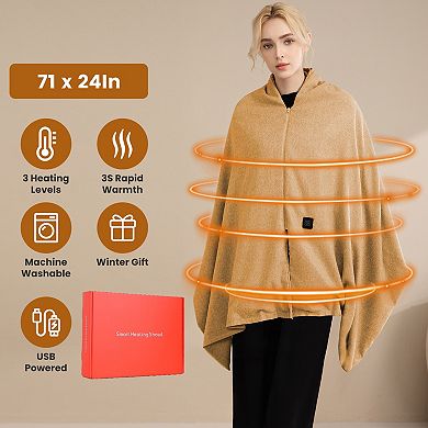 Wearable USB Heated Shawl Blanket with Zipper