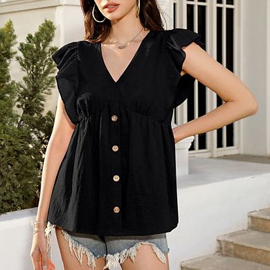 Women Ruffled Sleeveless Blouse V-Neck Peplum Button Front Casual Top
