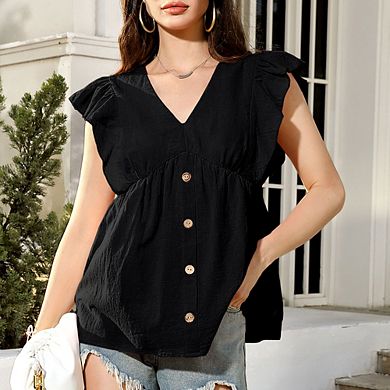 Women Ruffled Sleeveless Blouse V-Neck Peplum Button Front Casual Top