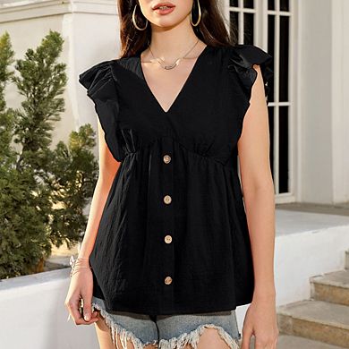 Women Ruffled Sleeveless Blouse V-Neck Peplum Button Front Casual Top