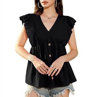 Women Ruffled Sleeveless Blouse V-Neck Peplum Button Front Casual Top