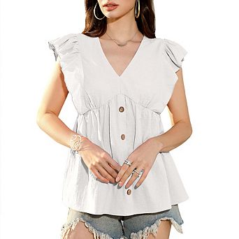 Women Ruffled Sleeveless Blouse V-Neck Peplum Button Front Casual Top