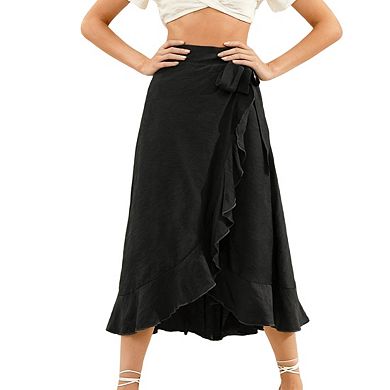 Womens Wrap Midi Skirt Ruffled Hem Self-Tie Belt Designed Elegant Casual Skirts
