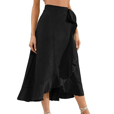 Womens Wrap Midi Skirt Ruffled Hem Self-Tie Belt Designed Elegant Casual Skirts