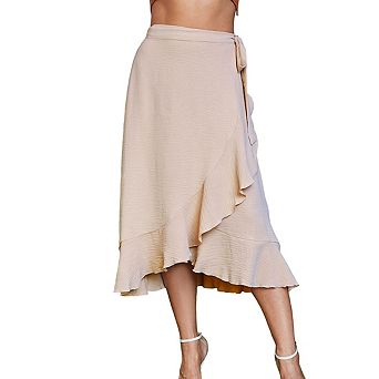 Womens Wrap Midi Skirt Ruffled Hem Self-Tie Belt Designed Elegant Casual Skirts