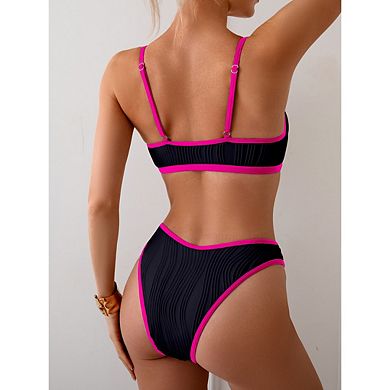Women Bikini Sets Cutout Color Block Ring Linked Two Piece Swimsuits High Cut Bathing Suit