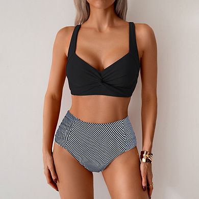 Women's Twist Front Swimsuit Padded High Waisted Ruched Bikini Set Two Piece Bathing Suit